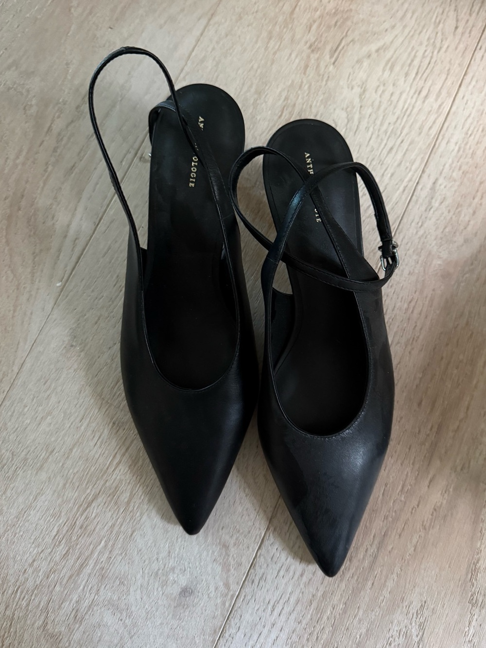 NWOT By Anthropologie Ankle Wrap Kitten Heels Black Leather Size 8